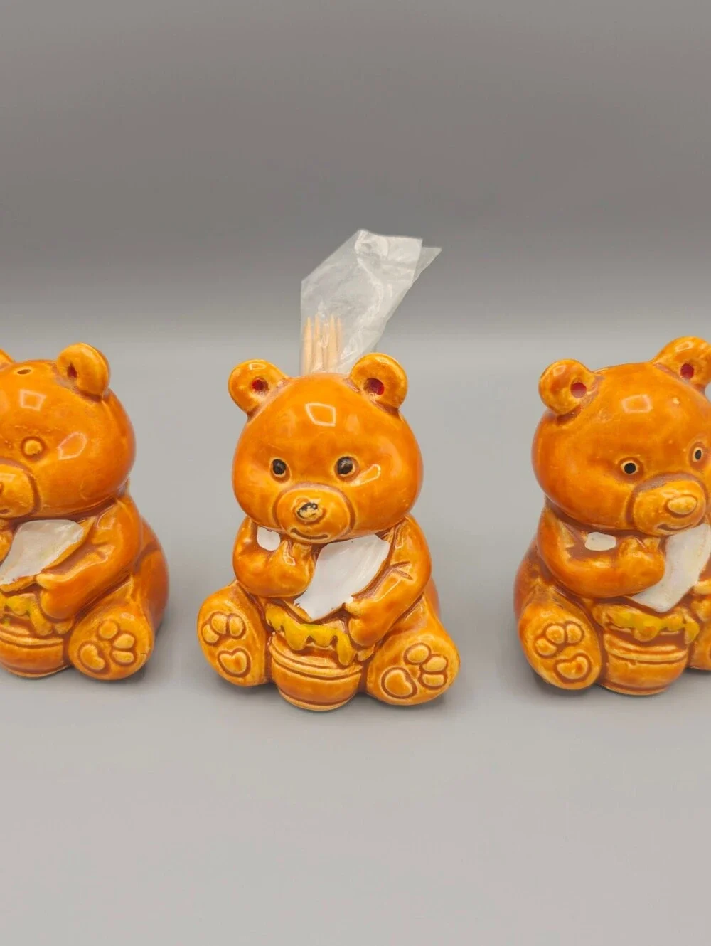Vintage Ceramic Bear Honey Pot Set from Japan